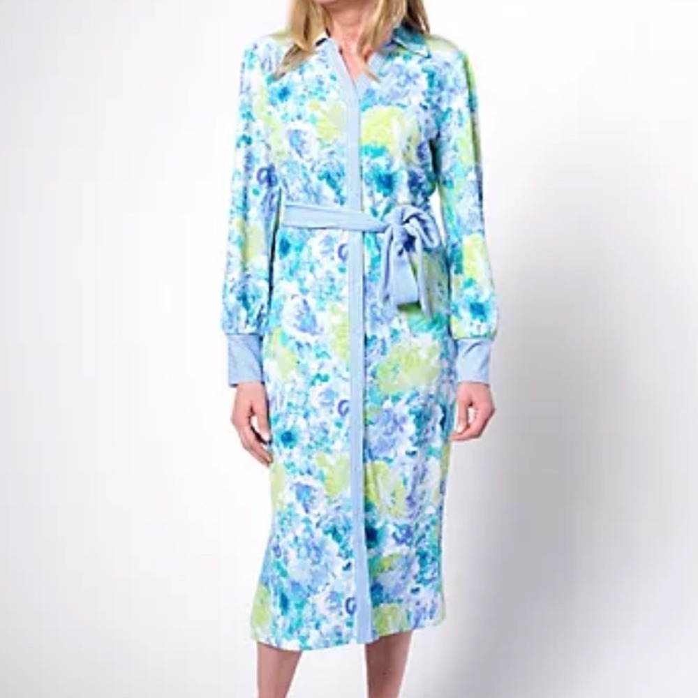 Isaac Mizrahi Live Floral Button Down Midi Dress Blue Green Belted Petite Medium